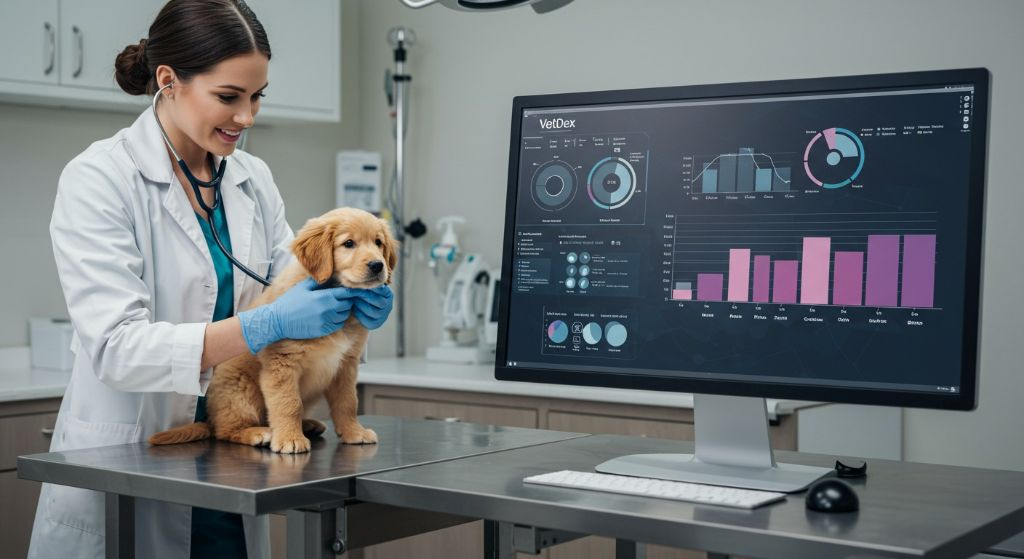 Veterinarian examining a golden retriever puppy with VetDex analytics dashboard displayed on monitor